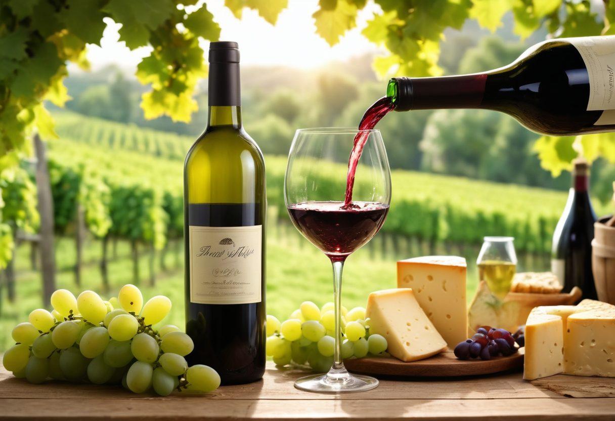 An elegant wine bottle being poured into a glass surrounded by lush green grapevines under a sunny sky, with cheerful people laughing and celebrating in the background. Soft lights twinkling around a festive table filled with wine and cheese pairings, creating an inviting atmosphere. Capture the essence of joy and celebration in this scene. vibrant colors. super-realistic. playful ambiance.