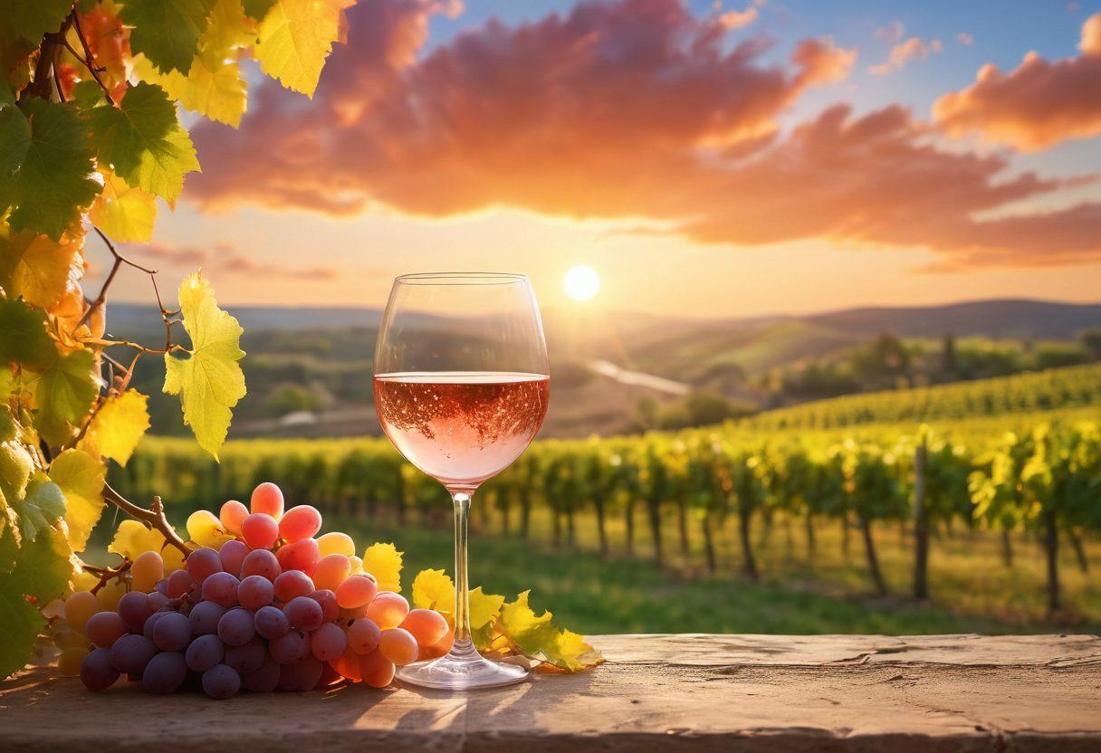 A serene vineyard landscape bathed in golden sunlight, showcasing lush grapevines heavy with ripe fruit. In the foreground, a crystal wine glass filled with a vibrant rosé, reflecting the colors of the sunset. Wonderous clouds drifting above create an ethereal, blissful atmosphere. Soft bokeh effects to enhance the sense of tranquility and indulgence. super-realistic. vibrant colors. 3D.