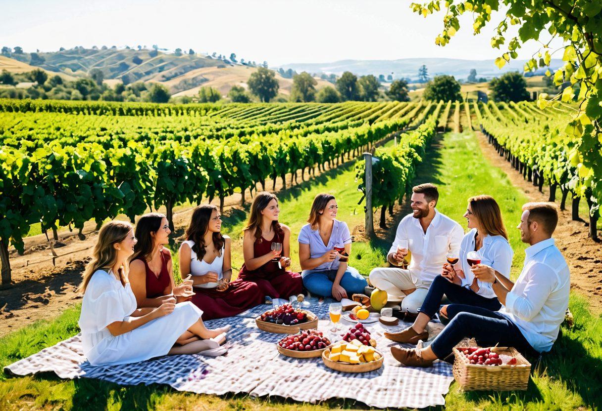 A captivating scene of a sunlit vineyard with rows of grapevines stretching into the distance, interspersed with festive wine glasses filled with rich red and white wines. In the foreground, diverse people celebrating with laughter, clinking glasses, and enjoying a picnic on a lavish checkered blanket adorned with an array of cheeses and fruits. Soft golden light illuminating the lush grape orchards creates a magical atmosphere. vibrant colors. romantic impressionism.